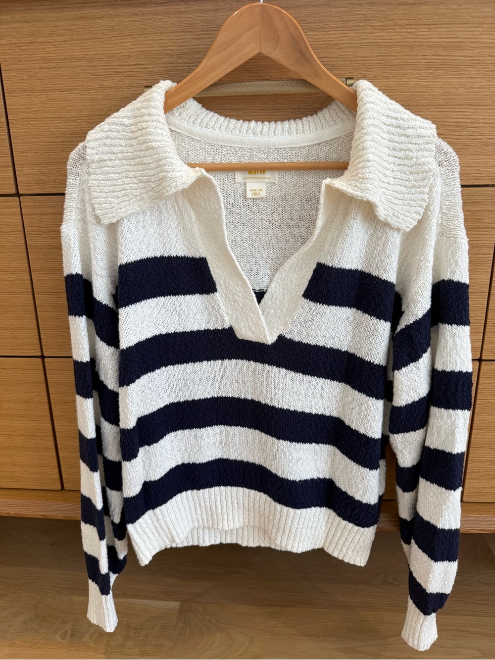 Anthropologie White & Navy Striped V-Neck Collared Sweater